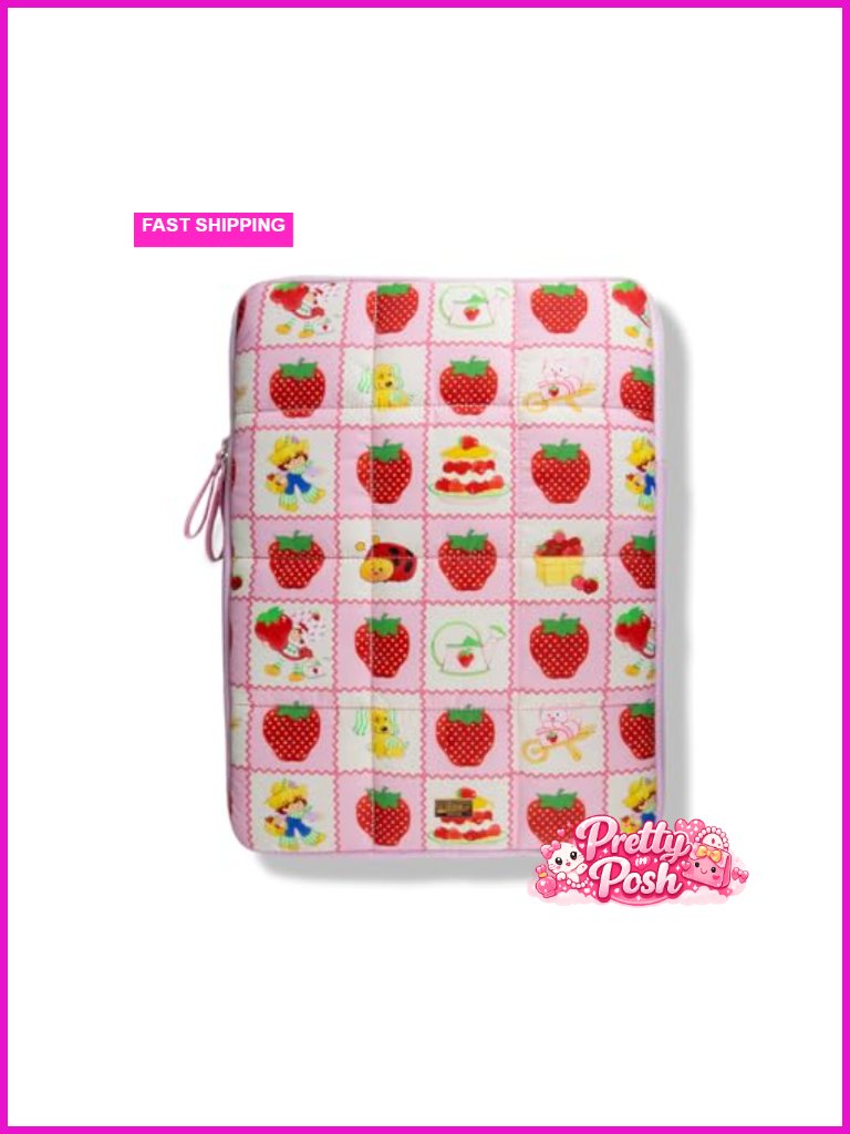 Puffy Quilted Laptop Sleeve 15-16 Inch, Strawberry Shortcake Print Checkered